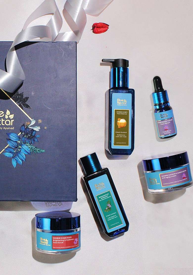 Blue Nectar 5 Pcs Face Cleanser Cream Hair Oil Scrub Serum Gift Set - Indya