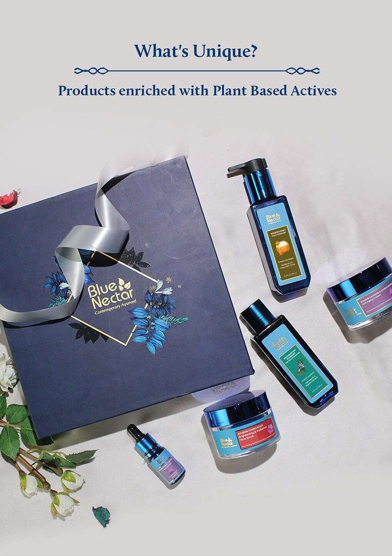 Blue Nectar 5 Pcs Face Cleanser Cream Hair Oil Scrub Serum Gift Set - Indya