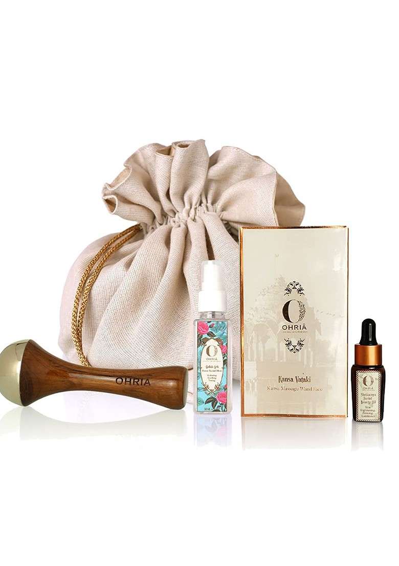 Ohria Ayurveda 3 Pcs Shrikamya Facial Beauty Oil Massage Wand Rose Mist Gift Set - Indya