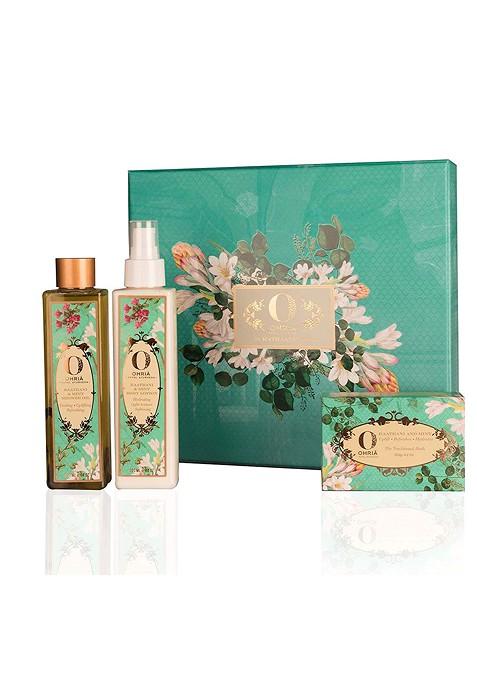 Ohria Ayurveda 3 Pcs Raatrani Mint Shower Wash Body Lotion Bathing Bar Gift Set