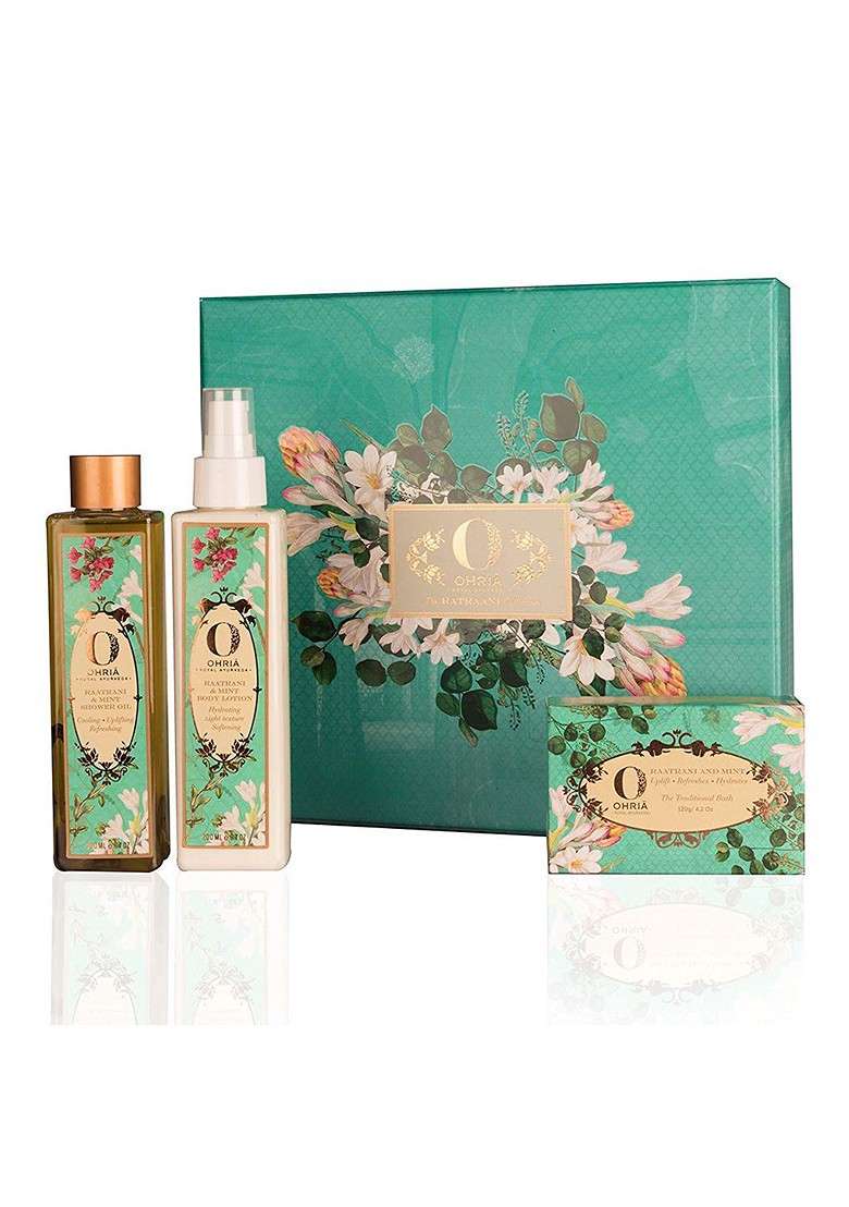 Ohria Ayurveda 3 Pcs Raatrani Mint Shower Oil Body Lotion Bathing Bar - Indya