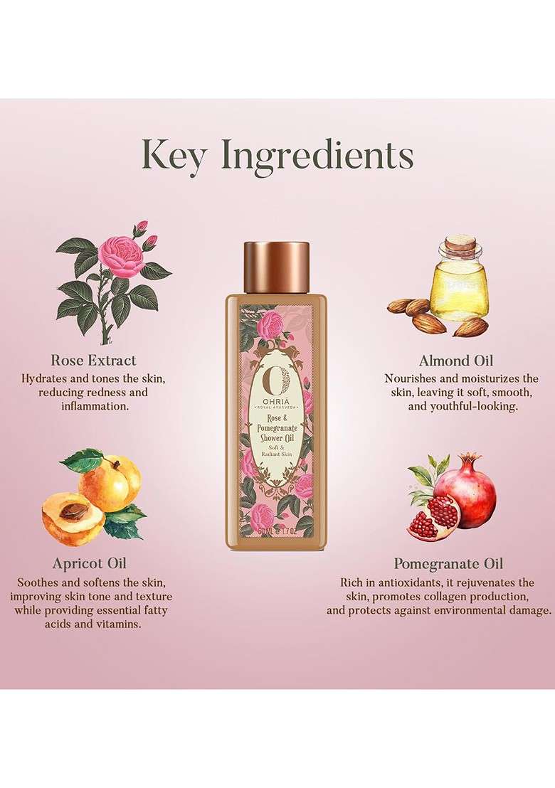 Ohria Ayurveda Rose Pomegranate Shower Oil For Soft Hydrated Radiant Skin 200Ml - Indya