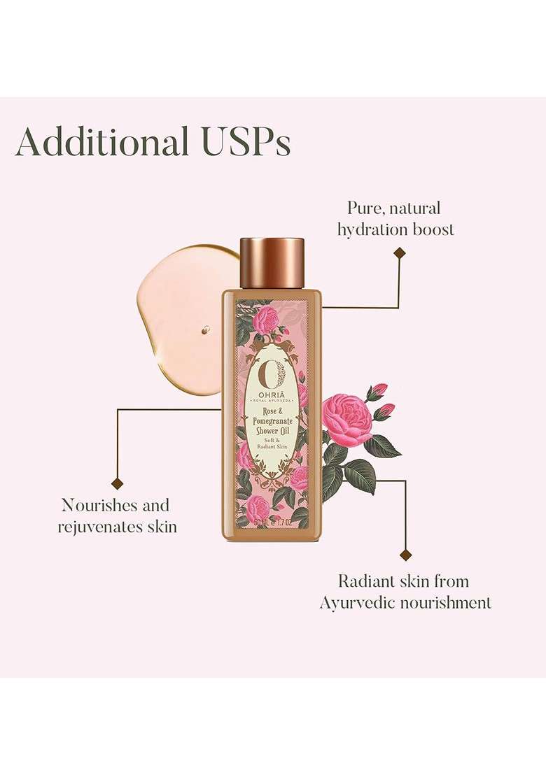 Ohria Ayurveda Rose Pomegranate Shower Oil For Soft Hydrated Radiant Skin 200Ml - Indya