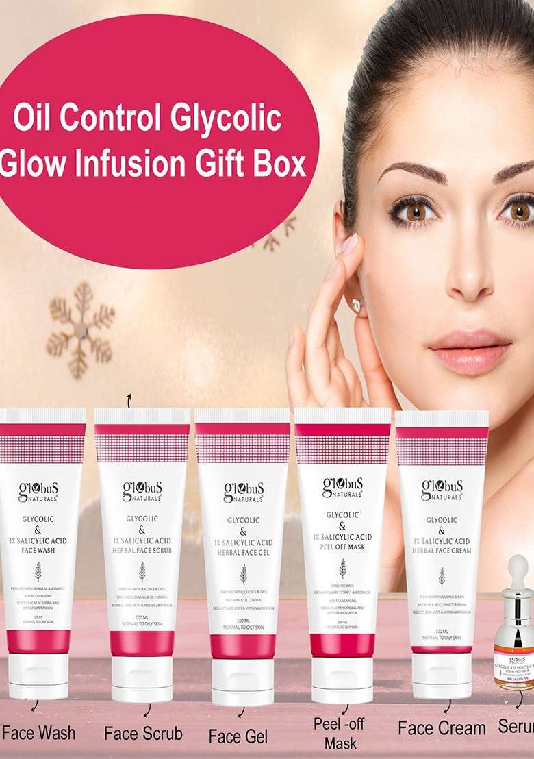 Globus Naturals Set Of 6 Glycolic 1 Salicylic Acid Face Wash Pack Mask Scrub Cream Serum - Indya