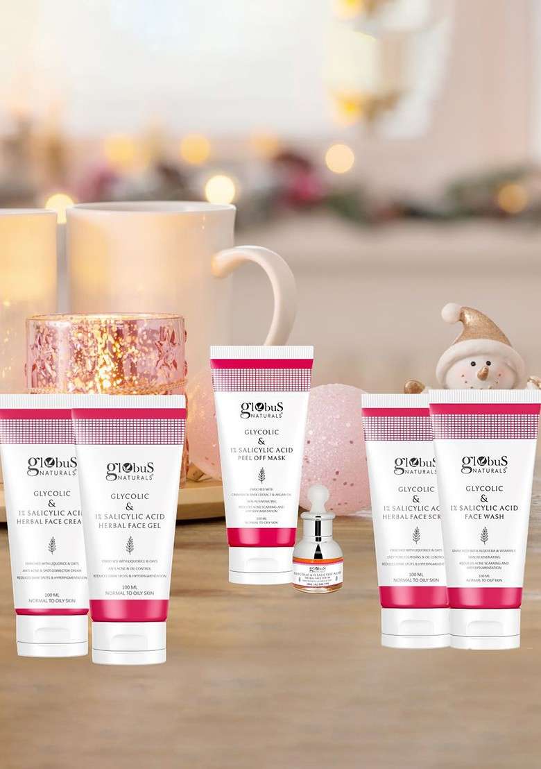 Globus Naturals Set Of 6 Glycolic 1 Salicylic Acid Face Wash Pack Mask Scrub Cream Serum - Indya