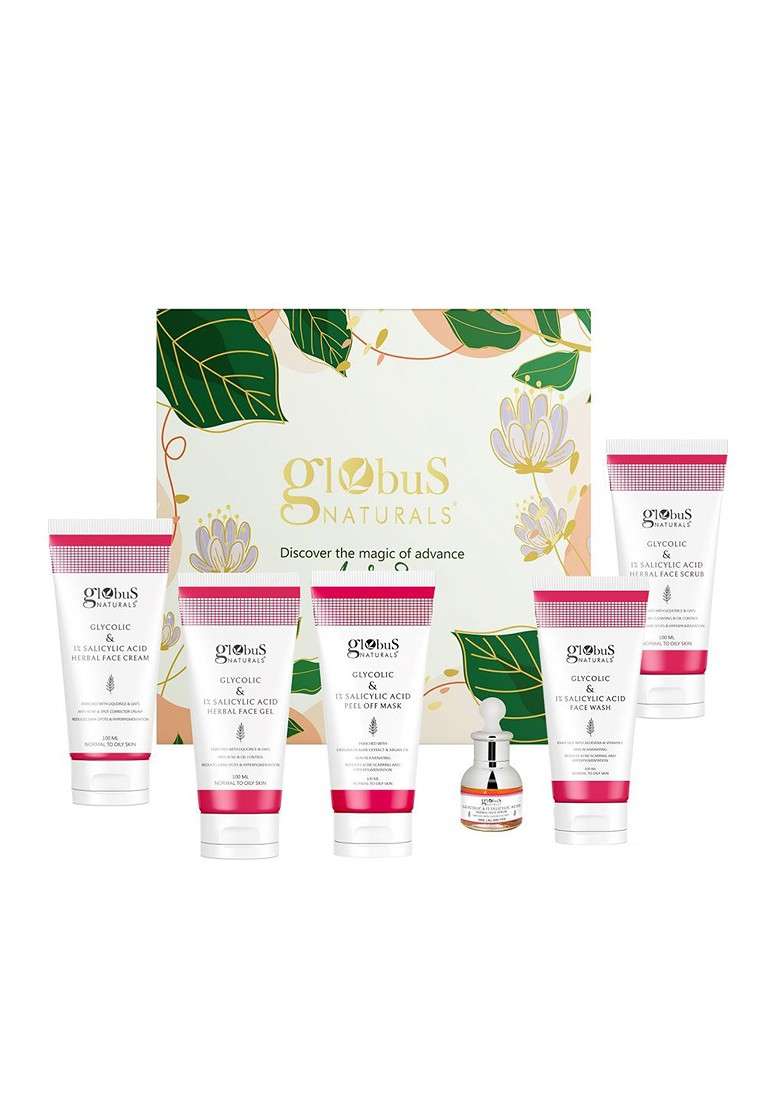 Globus Naturals Set Of 6 Glycolic 1 Salicylic Acid Face Wash Pack Mask Scrub Cream Serum - Indya