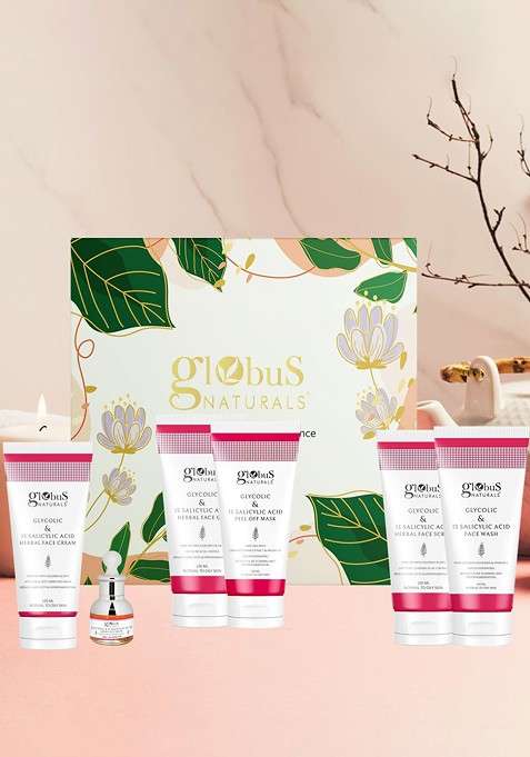 Globus Naturals Set Of 6 Glycolic 1 Salicylic Acid Face Wash Pack Mask Scrub Cream Serum
