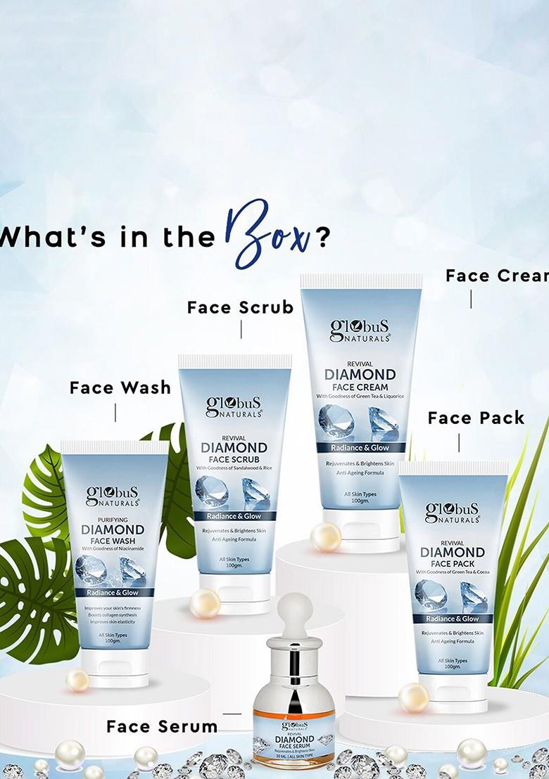 Globus Naturals Revival Diamond Face Wash Cream Scrub Pack Serum Gift Set
