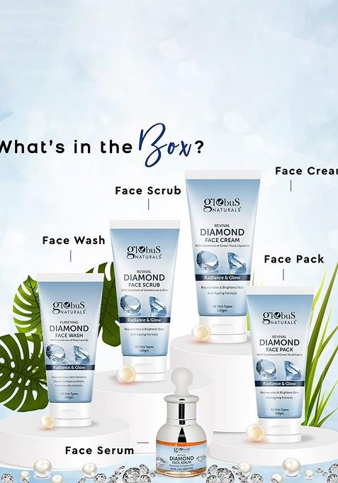 Globus Naturals Revival Diamond Face Wash Cream Scrub Pack Serum Gift Set