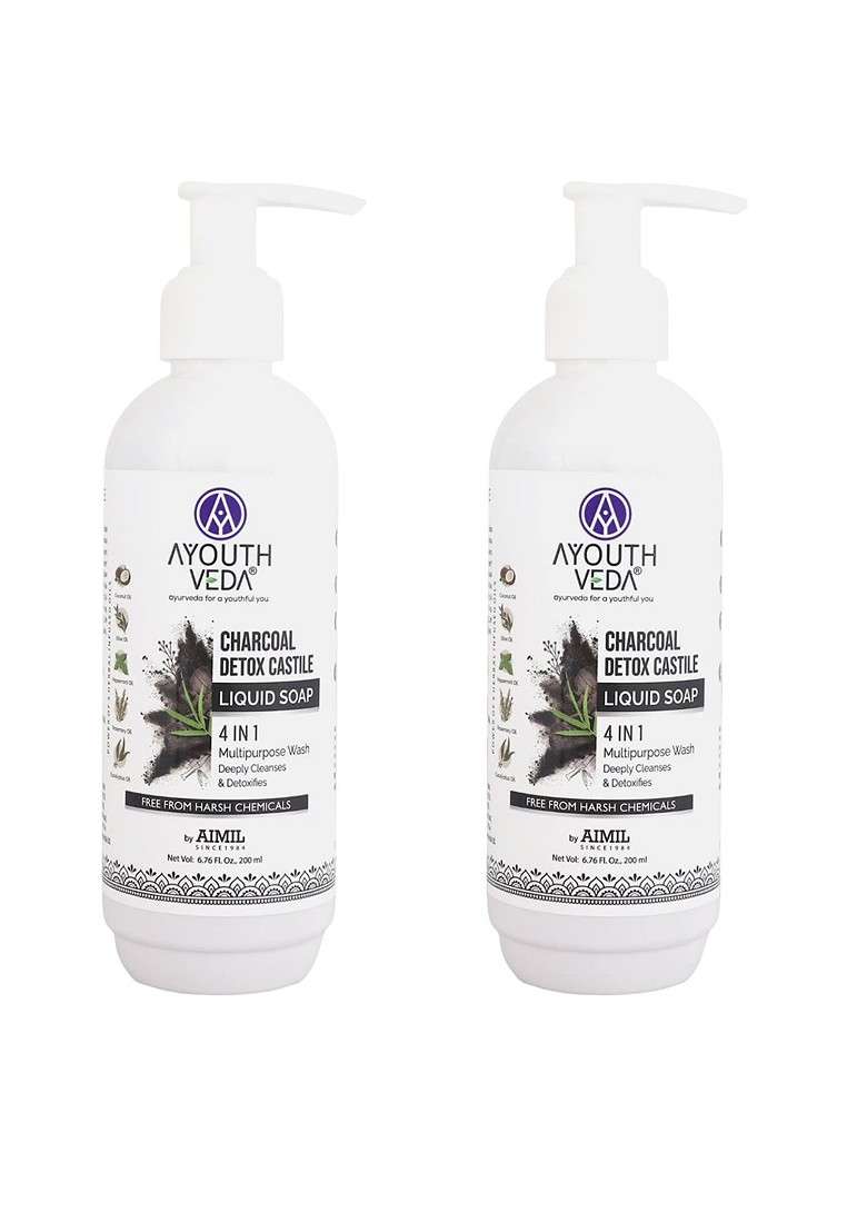 Ayouthveda Set Of 2 Charcoal Detox Castile 4 In 1 Liquid Soap 200 Ml Each - Indya