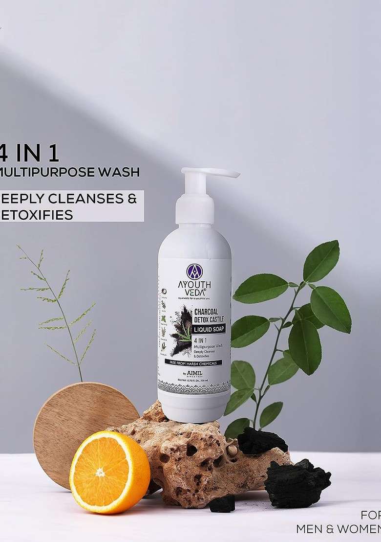 Ayouthveda Set Of 2 Charcoal Detox Castile 4 In 1 Liquid Soap 200 Ml Each - Indya