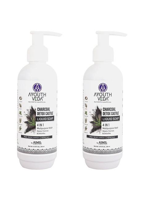 Ayouthveda Set Of 2 Charcoal Detox Castile 4 In 1 Liquid Soap 200 Ml Each