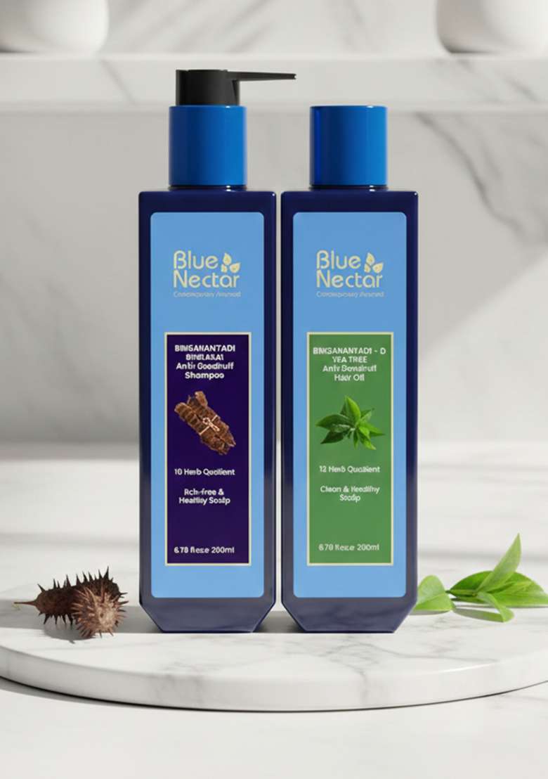 Blue Nectar Anti Dandruff Hair Oil With Neem Cleanser Shampoo - Indya