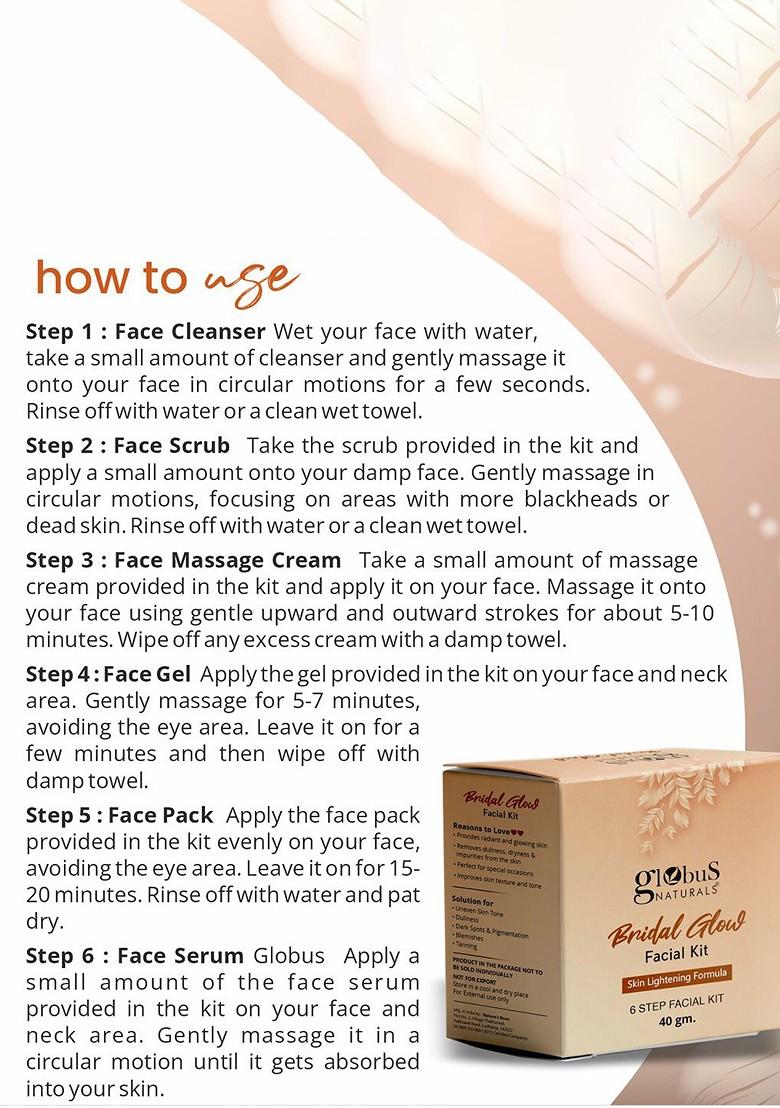 Globus Naturals Bridal Glow 6 Steps Facial Kit With Skin Lightening Formula 40 G