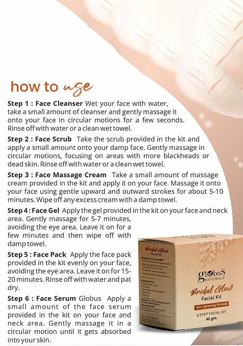 Globus Naturals Bridal Glow 6 Steps Facial Kit With Skin Lightening Formula 40 G