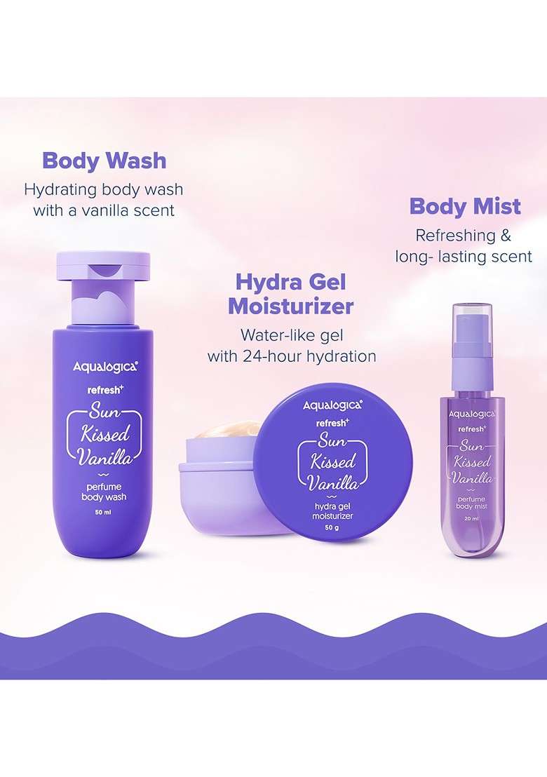 Aqualogica Set Of 3 Perfume Body Mist 20Ml Wash 50Ml Hydra Gel Moisturizer 50G - Indya