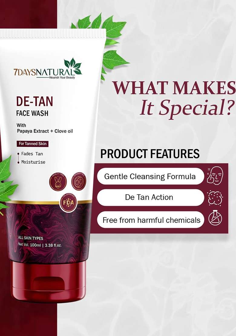 7Daysnatural De Tan Face Wash For Even Skin Tone With Vitamin E Papaya Extract 100 Ml - Indya