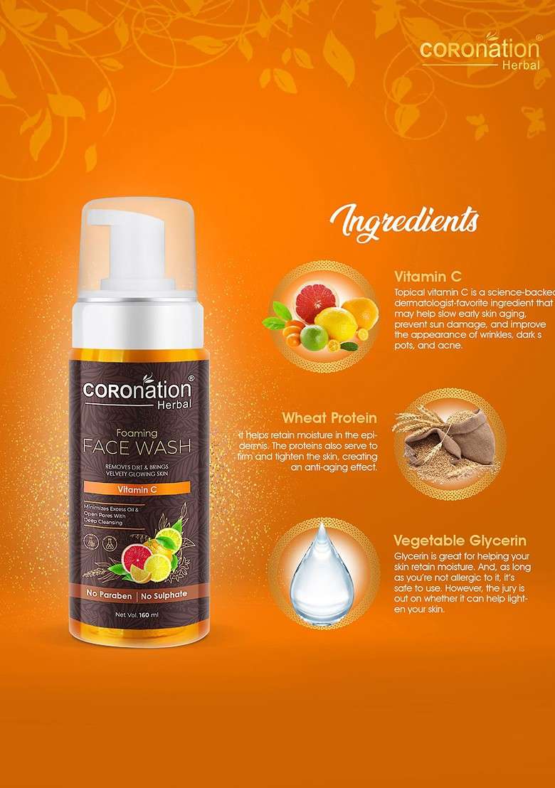 Coronation Herbal Paraben Free Vitamin C Foaming Face Wash With Wheat Protein 160 Ml - Indya
