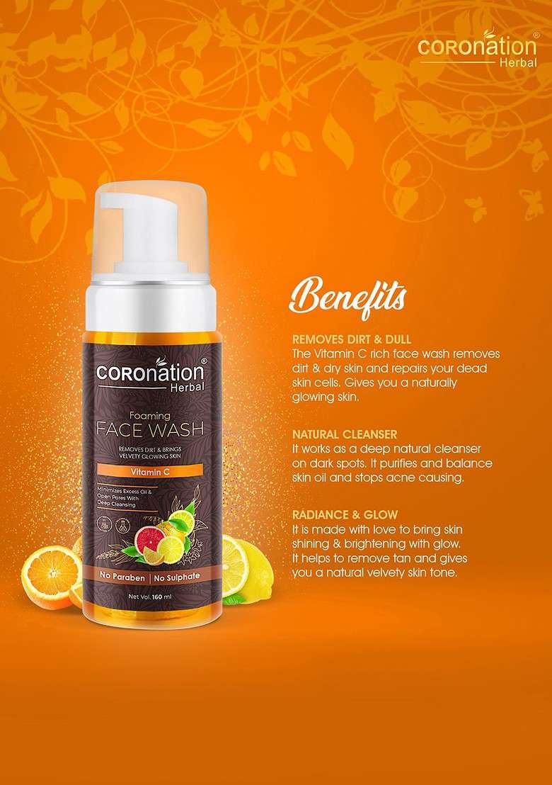 Coronation Herbal Paraben Free Vitamin C Foaming Face Wash With Wheat Protein 160 Ml - Indya