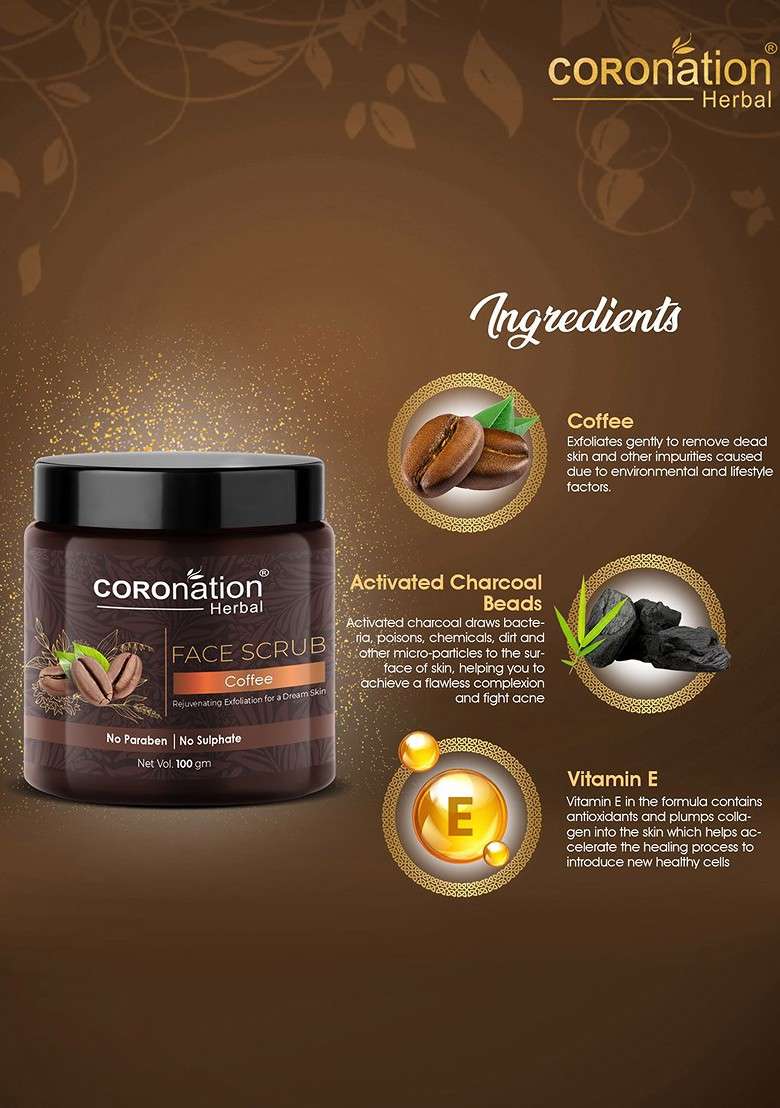 Coronation Herbal Set Of 2 Coffee Face Scrub With Activated Charcoal Beads 100 G Each - Indya