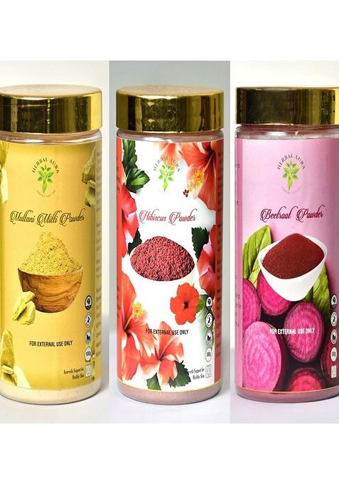 Herbalaura Set Of 3 Multani Mitti 100 G Hibiscus 80 Rose Petal Powder