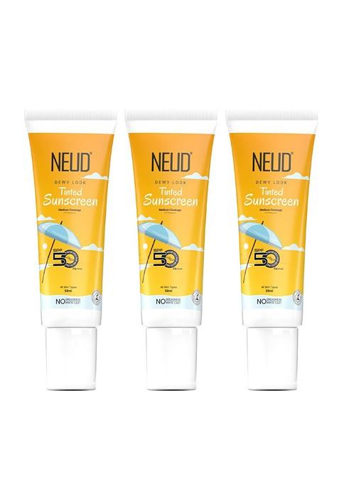 Neud Set Of 3 Dewy Look Tinted Spf 50 Sunscreen With Hyaluronic Acid Ml Each