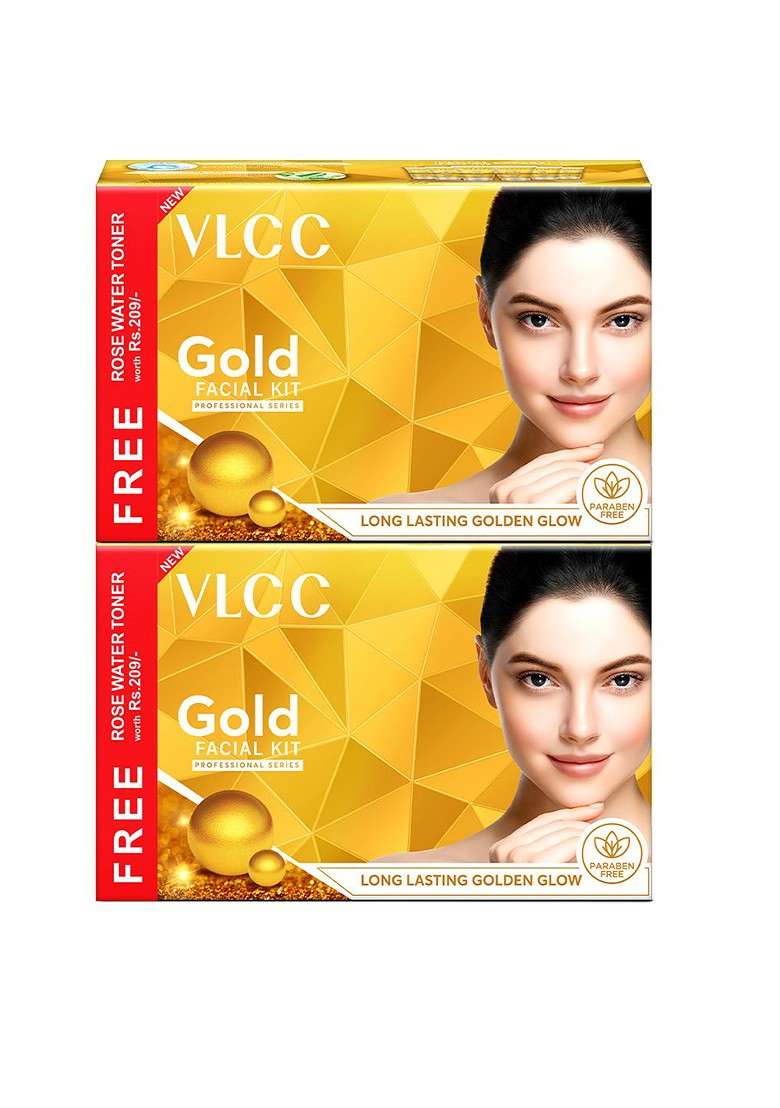 Vlcc Set Of 2 Gold Facial Kit 300G Each With Free Rose Water Toner 100Ml - Indya