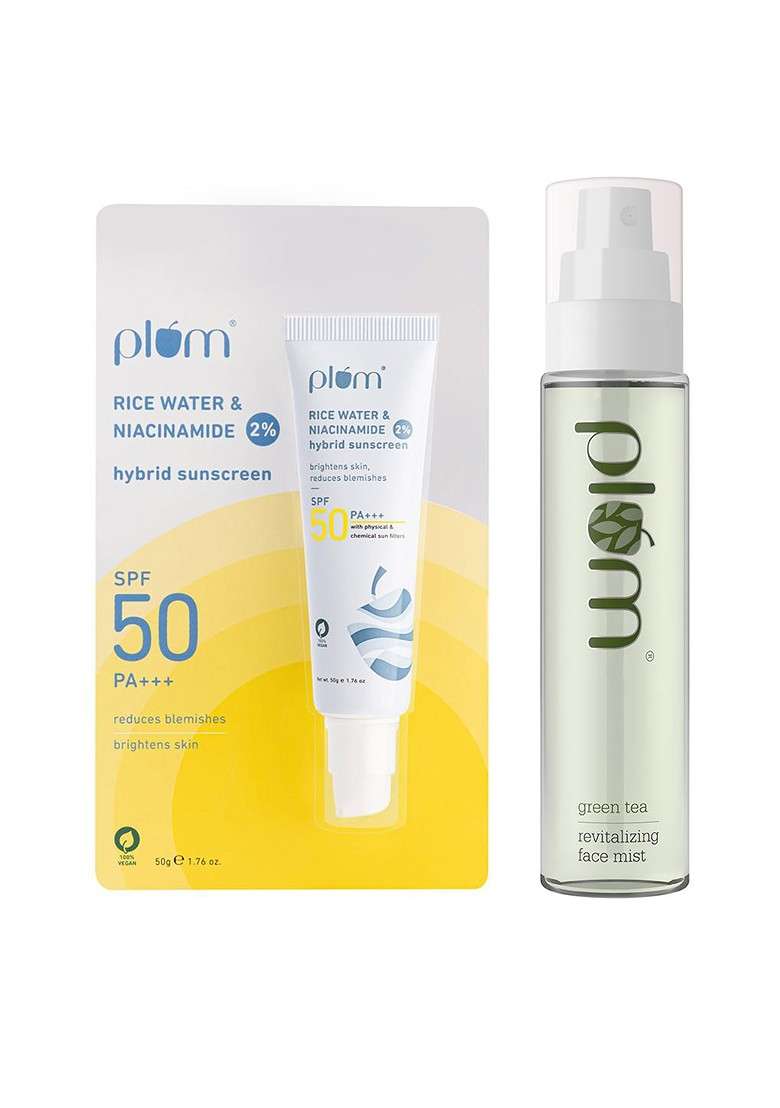 Plum Set Of Spf50 Hybrid Sunscreen 50G Green Tea Face Mist 100Ml - Indya