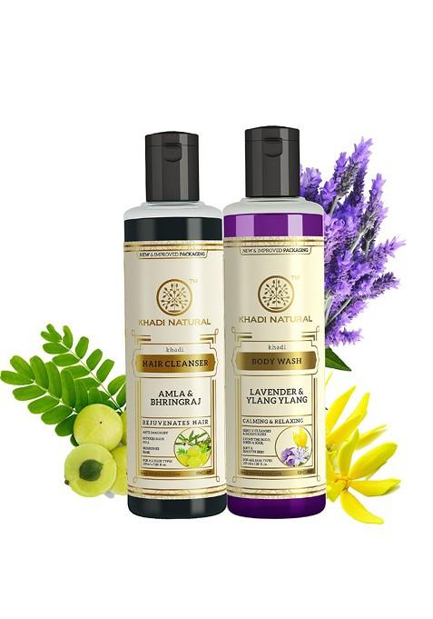 Khadi Natural Amla Bhringraj Shampoo Lavender Ylang Body Wash Combo 420Ml