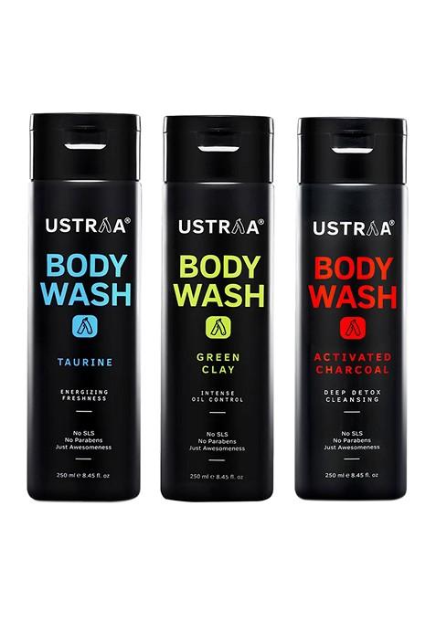 Ustraa Men Set Of 3 Body Washes Taurine Activated Charcoal Green Clay