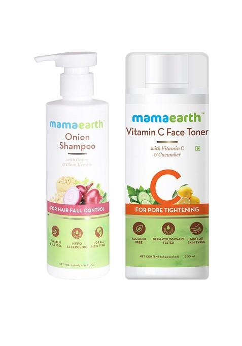 Mamaearth Unisex Set Of Sustainable Onion Shampoo Vitamin C Face Toner