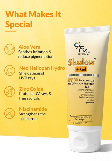 Fixderma Shadow A Gel Spf 30 Sunscreen For Acne Prone Skin Non Greasy 75Gm