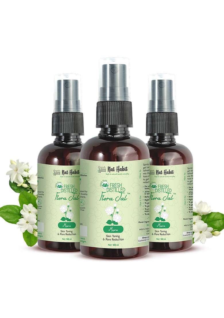 Nat Habit Set Of 3 Pure Fresh Distilled Mogra Flora Jal Toner For Skin Toning 100Ml Each - Indya