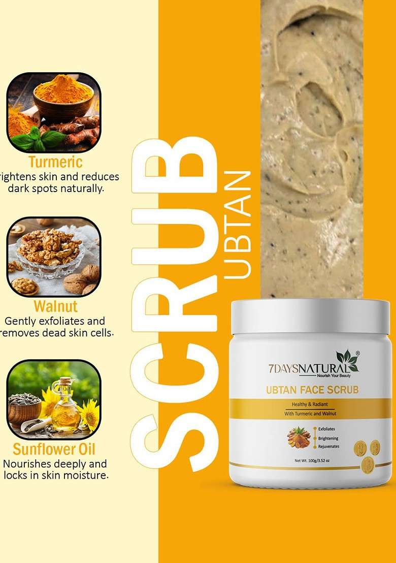 7Daysnatural Ubtan Face Scrub With Turmeric Walnut For Tan Removal 100G - Indya