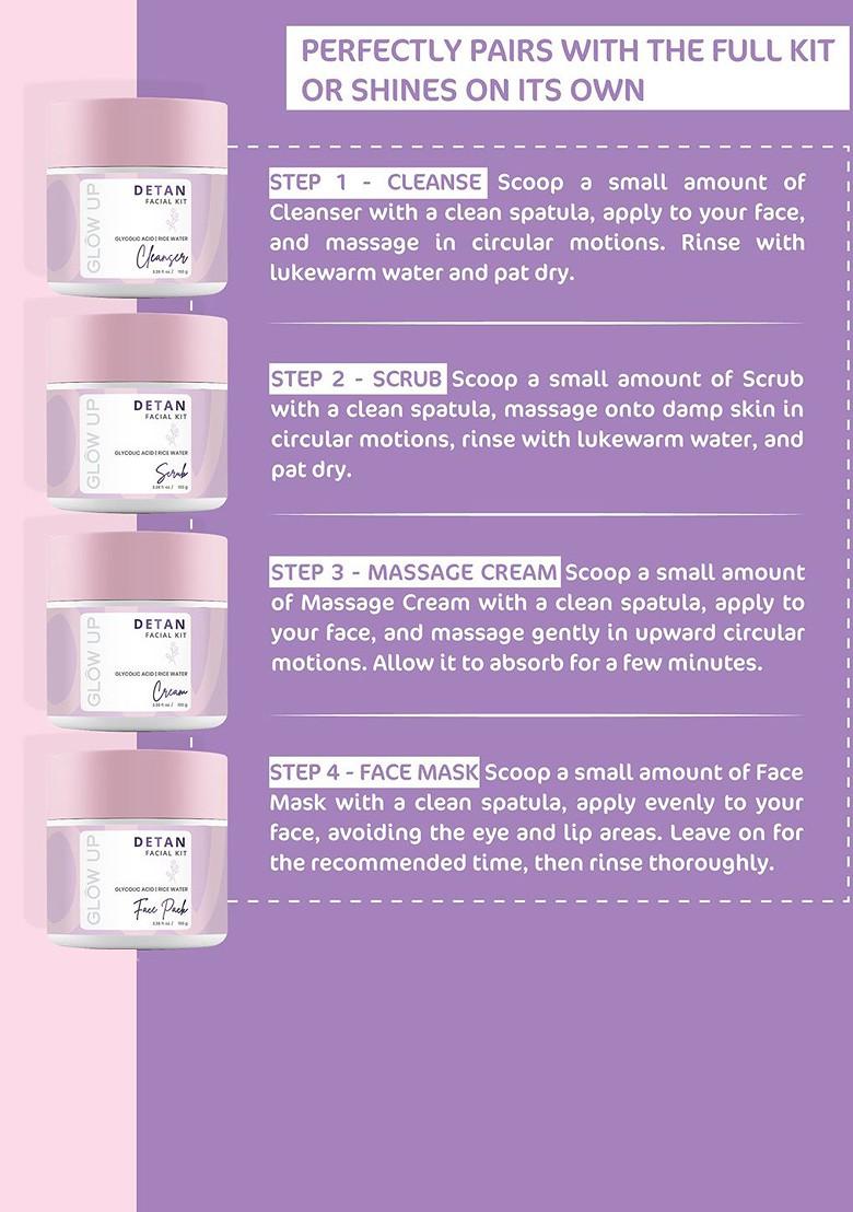Glow Up Detan Facial Kit Glycolic Acid Rice Water Scrub 100G