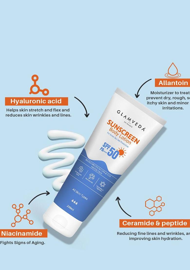 Glamveda Spf 50 Pa Sunscreen Body Lotion With Hyaluronic Acid Niacinamide 200Ml