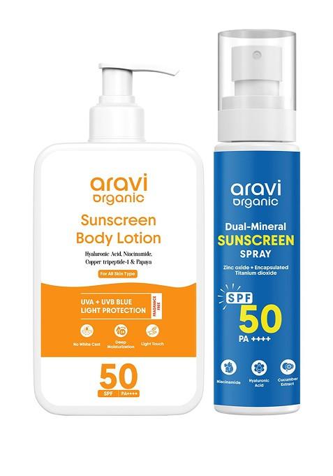 Aravi Organic Set Of 2 Oil Free Sunscreen Body Lotion Dual Mineral Spray