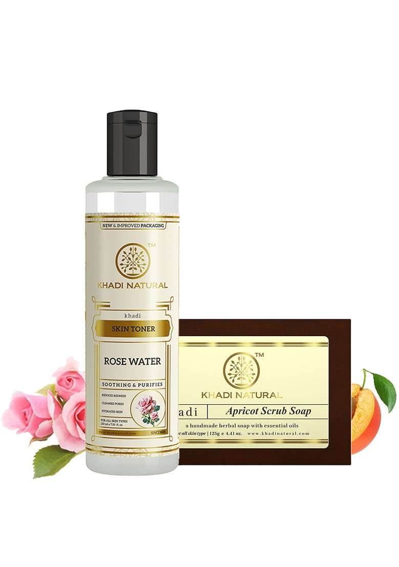 Khadi Natural Set Of Pure Rose Water Skin Toner Handmade Apricot Scrub Soap - Indya