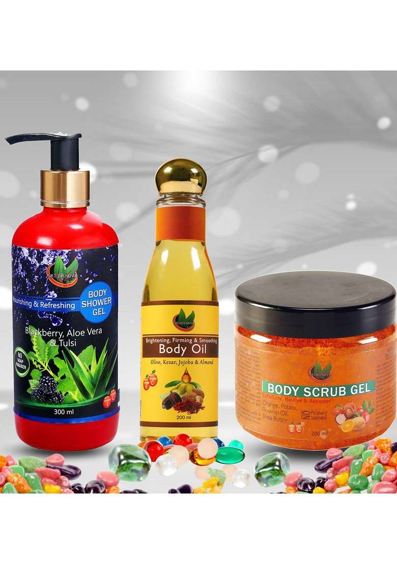 Naturenova Herbals Bath Body Combo Shower Gel 300Ml Scrub 200Ml Oil 100Ml - Indya