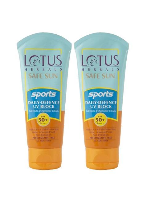 Lotus Herbals Safe Sun Set Of 2 Sports Daily Defence Uv Block Spf 50 Sunscreen 80G Each