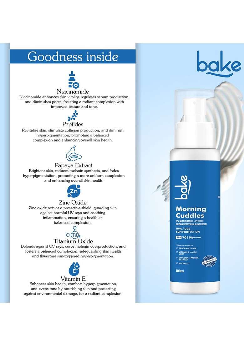 Bake Morning Cuddles 5 Niacinamide Sunscreen Spf 70 Pa With Peptide 100Ml - Indya