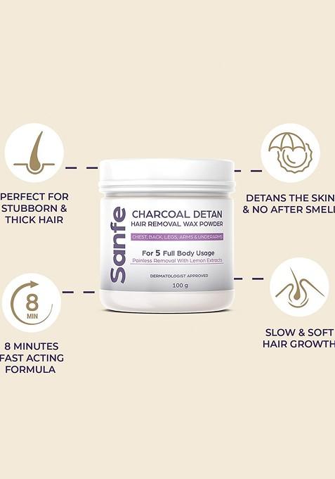 Sanfe Charcoal Detan 8 Minute Painless Hair Removal Wax Powder 100Gm
