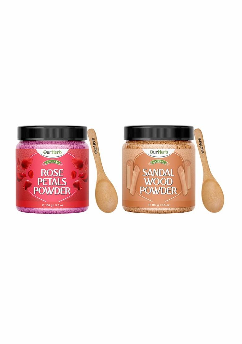 Ourherb Set Of 2 Pure Natural Rose Petals Sandalwood Powder Face Pack 100 G Each