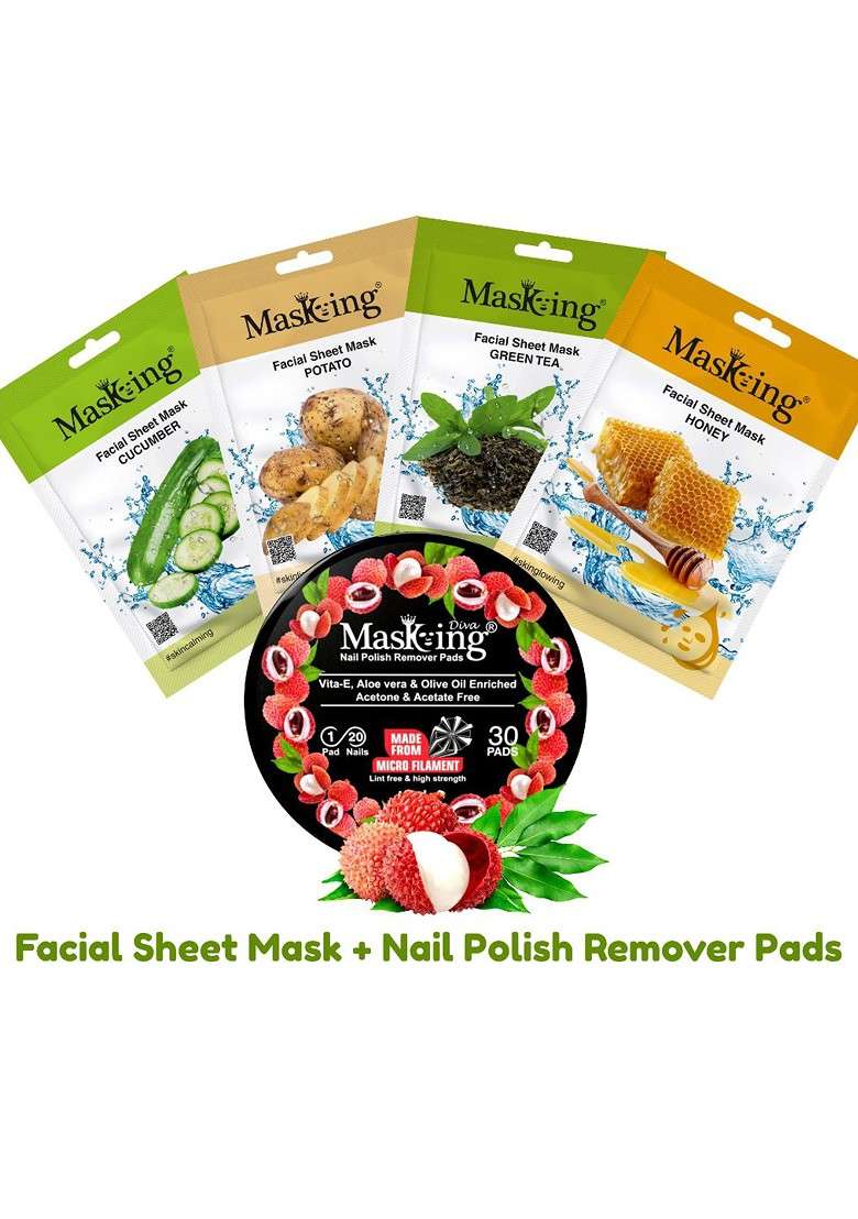 Masking Set Of 4 Natural Facial Sheet Mask 20G Each With Litchi Nail Polish Remover Pads - Indya