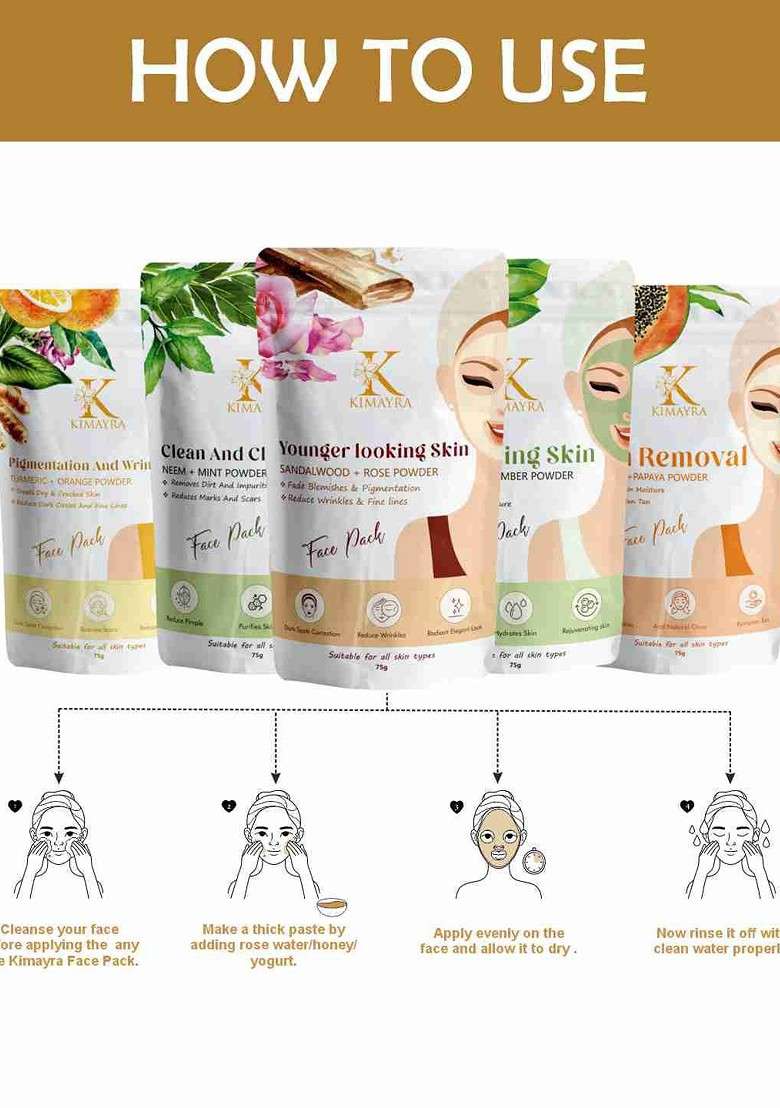 Kimayra World Set Of 5 Turmeric Neem Rose Cucumber Papaya Powder Face Pack - Indya