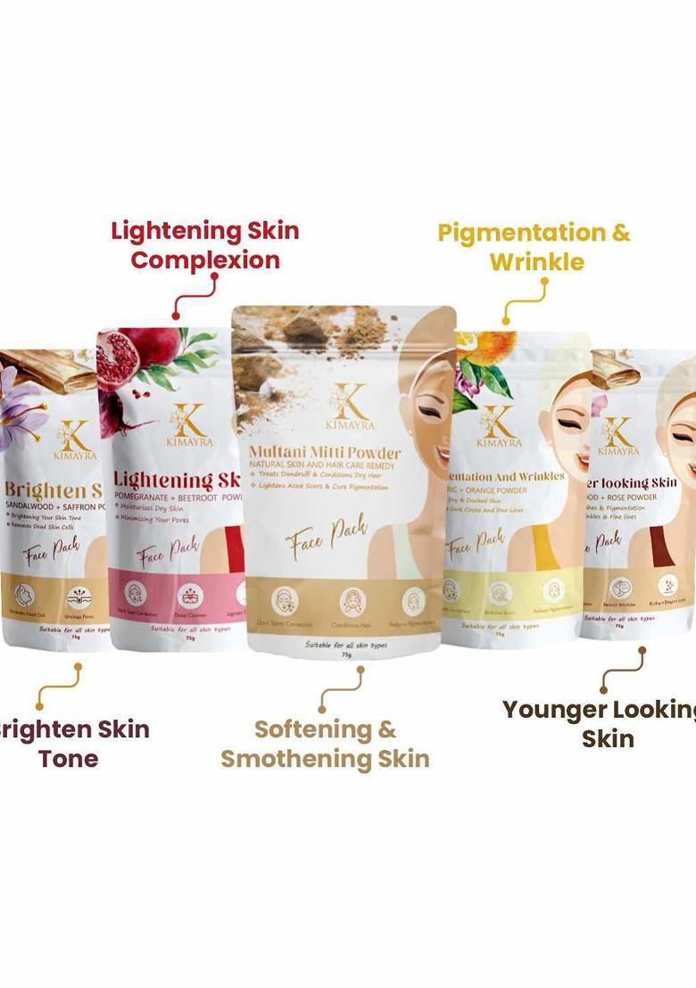 Kimayra World Set Of 5 Sandalwood Turmeric Multani Mitti Beetroot Powder Face Pack