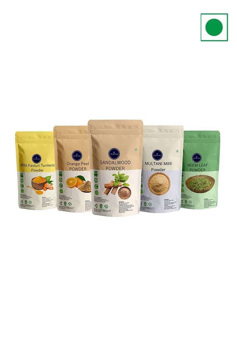 Vedicine Set Of 5 Turmeric Orange Sandalwood Multani Mitti Neem Leaf Face Pack 75 G Each - Indya