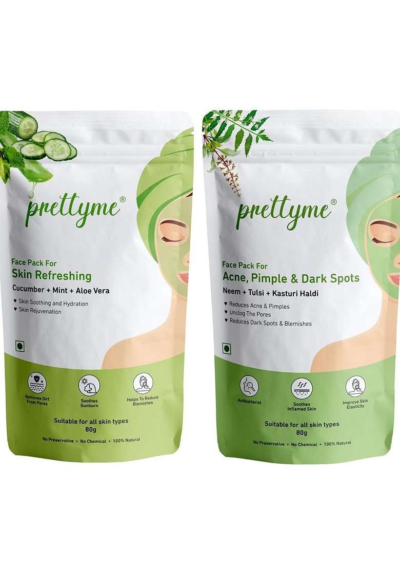 Prettyme Set Of 2 Cucumber Aloe Vera Neem Tulsi Haldi Powder Face Pack 80 G Each - Indya