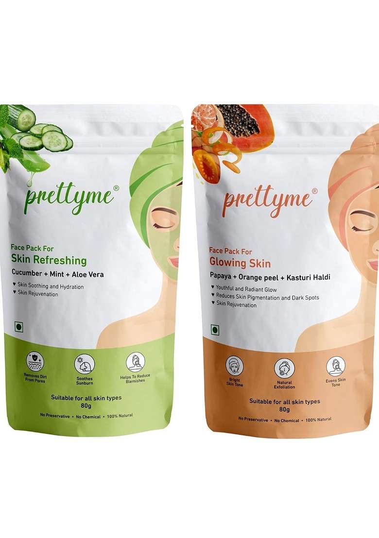 Prettyme Set Of 2 Cucumber Aloe Vera Orange Peel Papaya Powder Face Pack 80 G Each - Indya