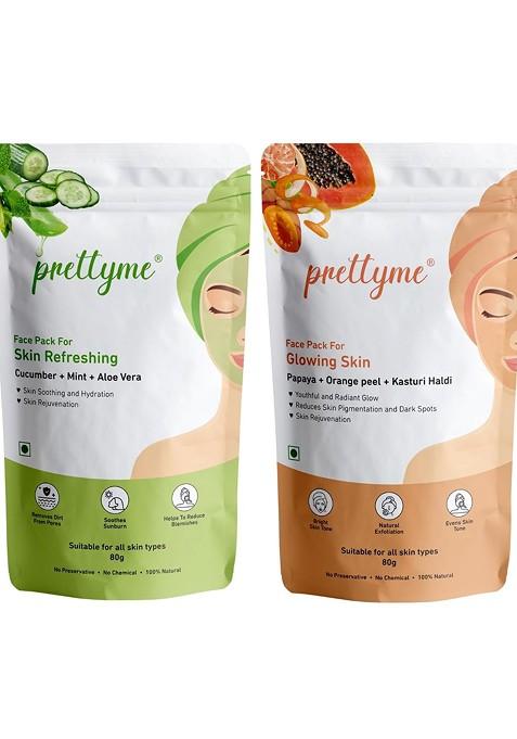 Prettyme Set Of 2 Cucumber Aloe Vera Orange Peel Papaya Powder Face Pack 80 G Each